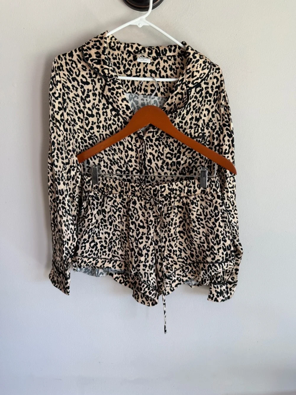 By Together Collection Leopard Print Pajama Set Tan Black Satin Long Sleeve M